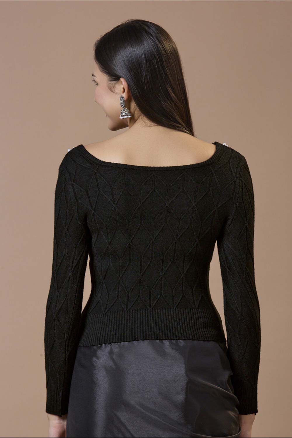 Black Wool Embroidered Round Neck Full Sleeves Blouse