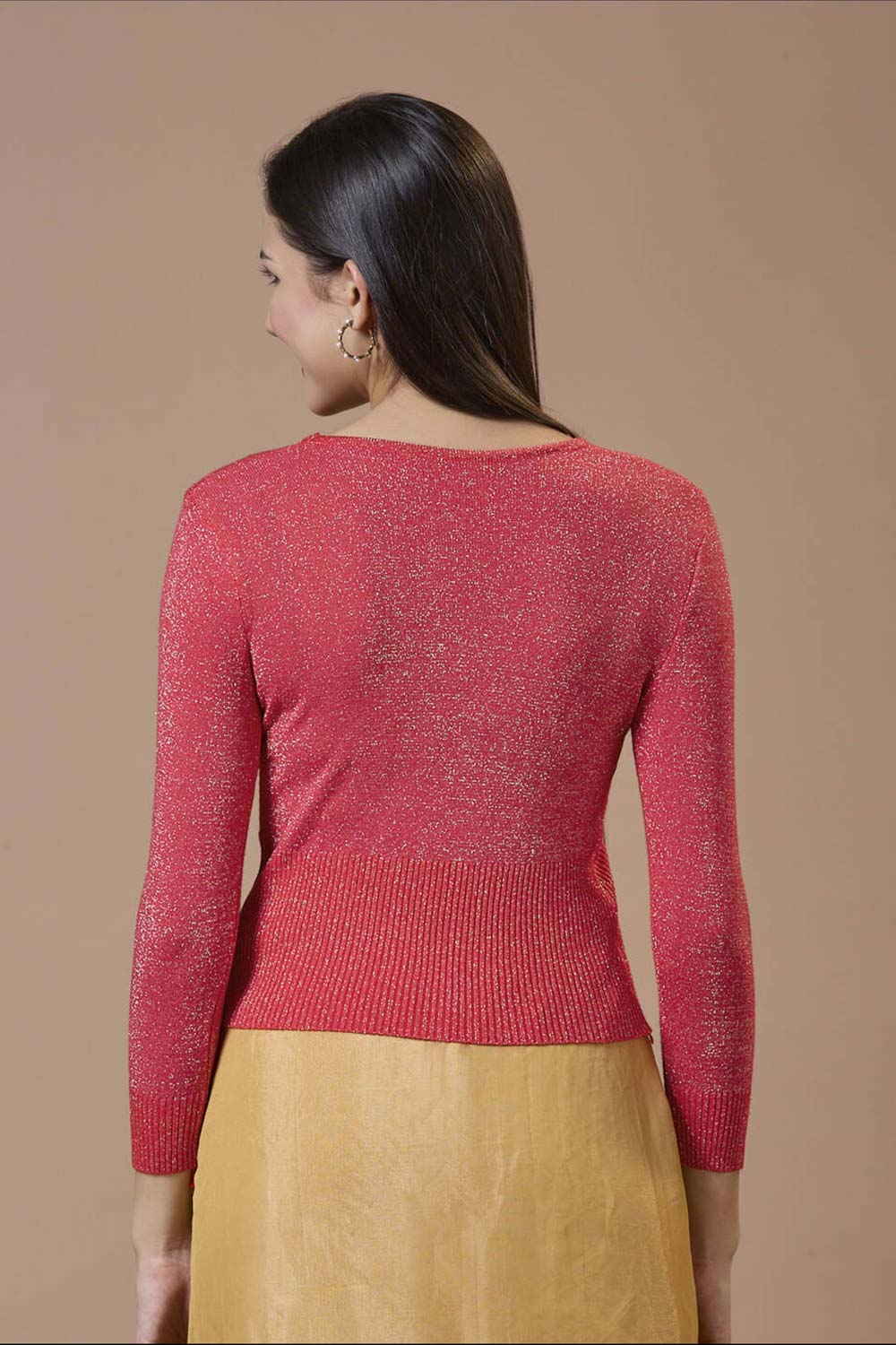 Red Wool Solid Round Neck Full Sleeves Blouse