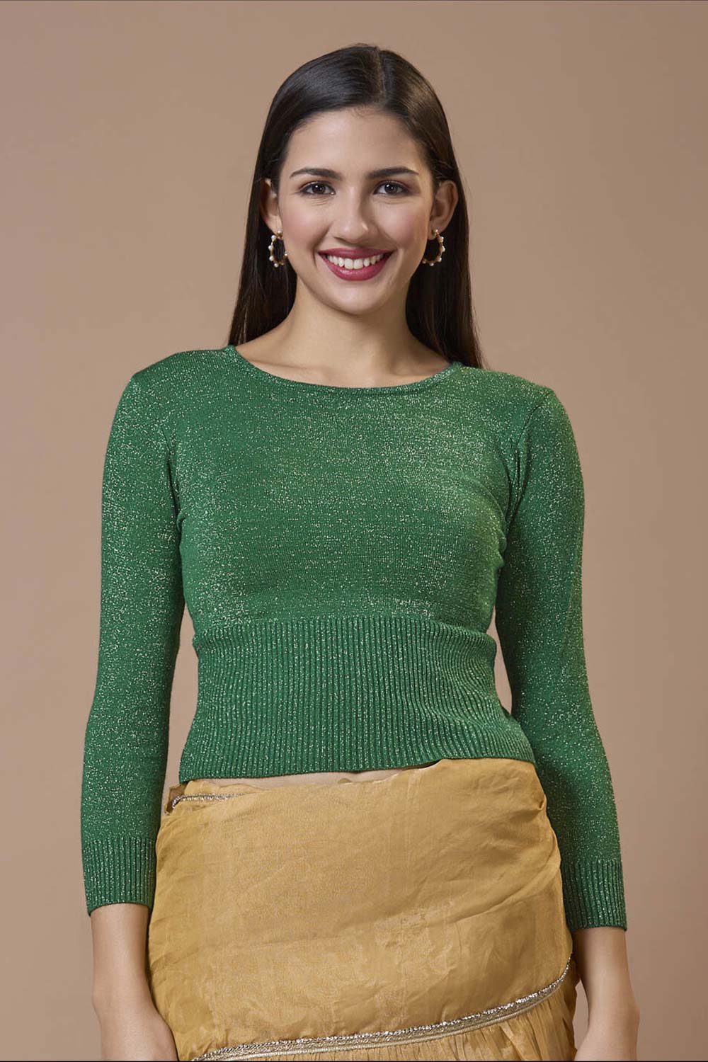 Green Wool Solid Round Neck Full Sleeves Blouse