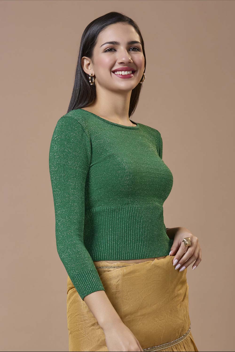 Green Wool Solid Round Neck Full Sleeves Blouse