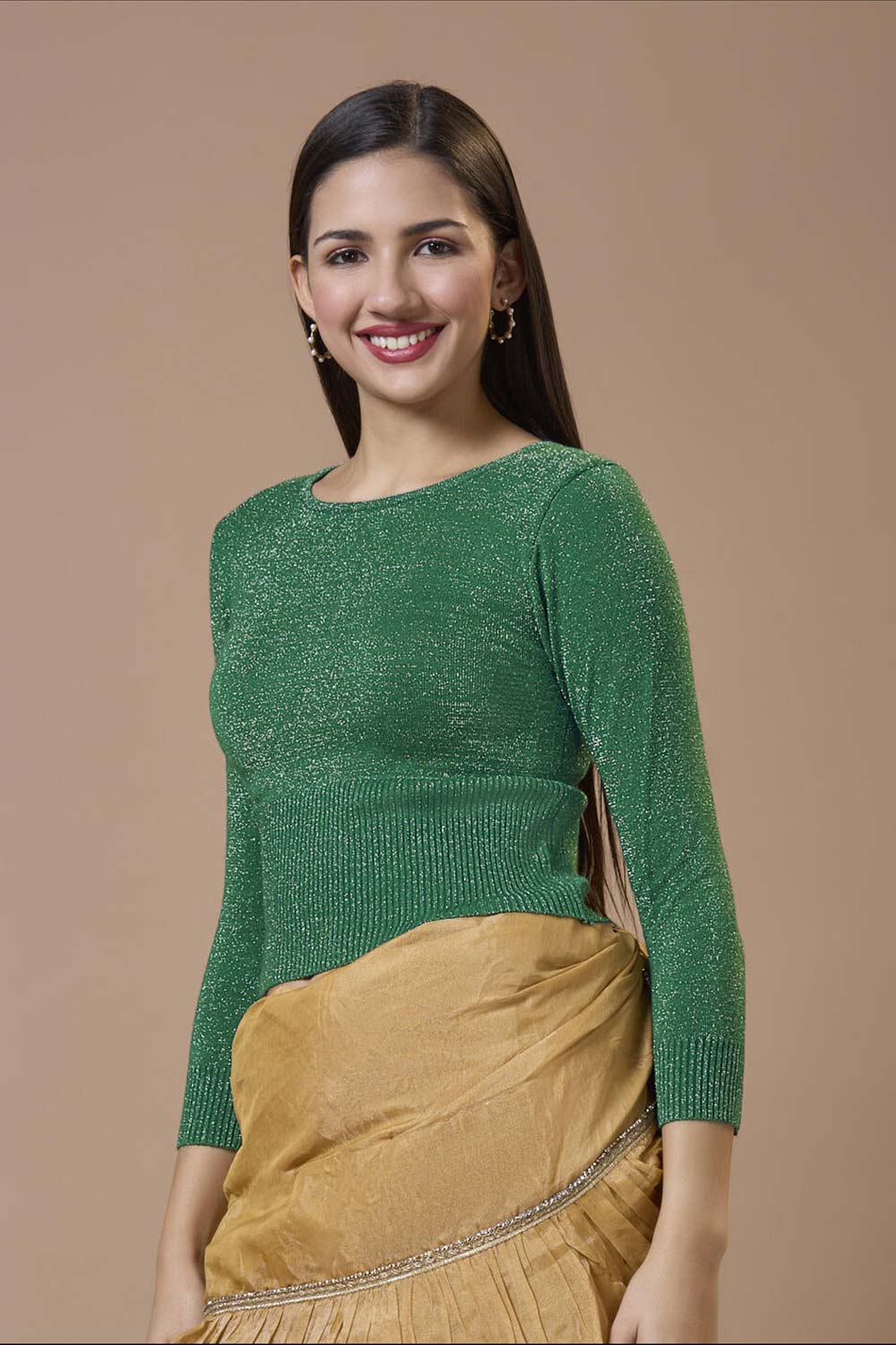 Green Wool Solid Round Neck Full Sleeves Blouse