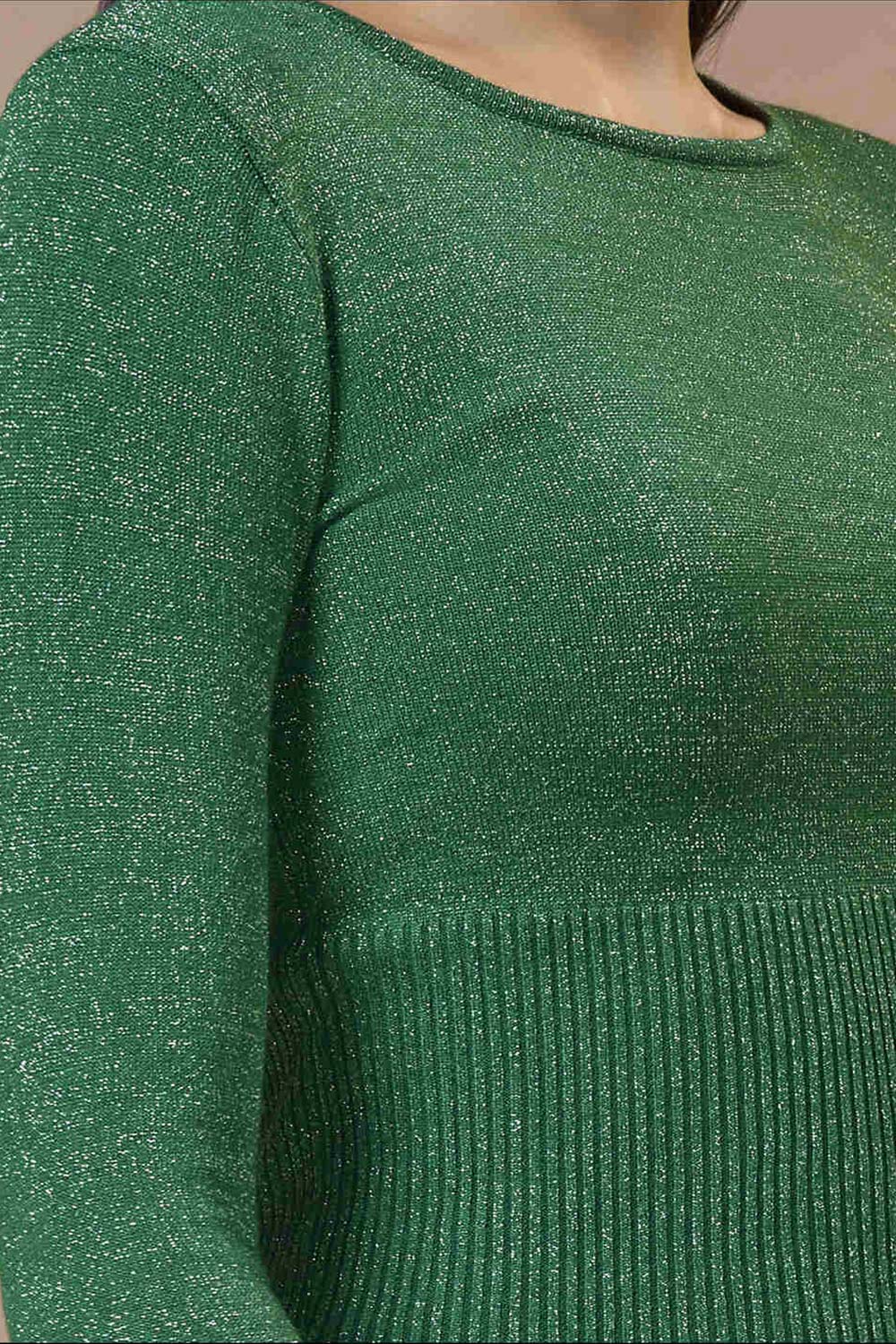 Green Wool Solid Round Neck Full Sleeves Blouse