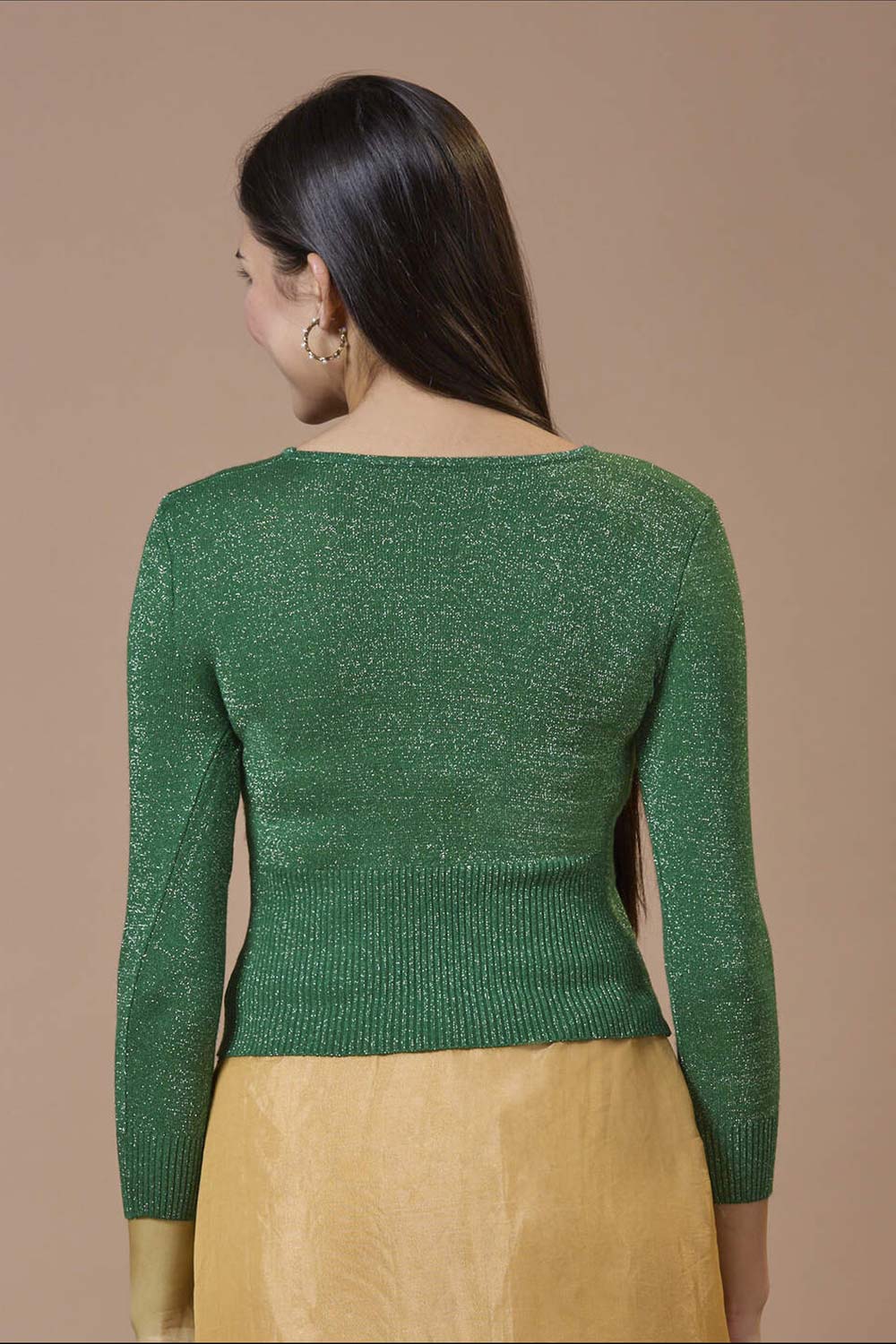 Green Wool Solid Round Neck Full Sleeves Blouse