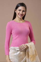 Pink Wool Solid Round Neck Full Sleeves Blouse