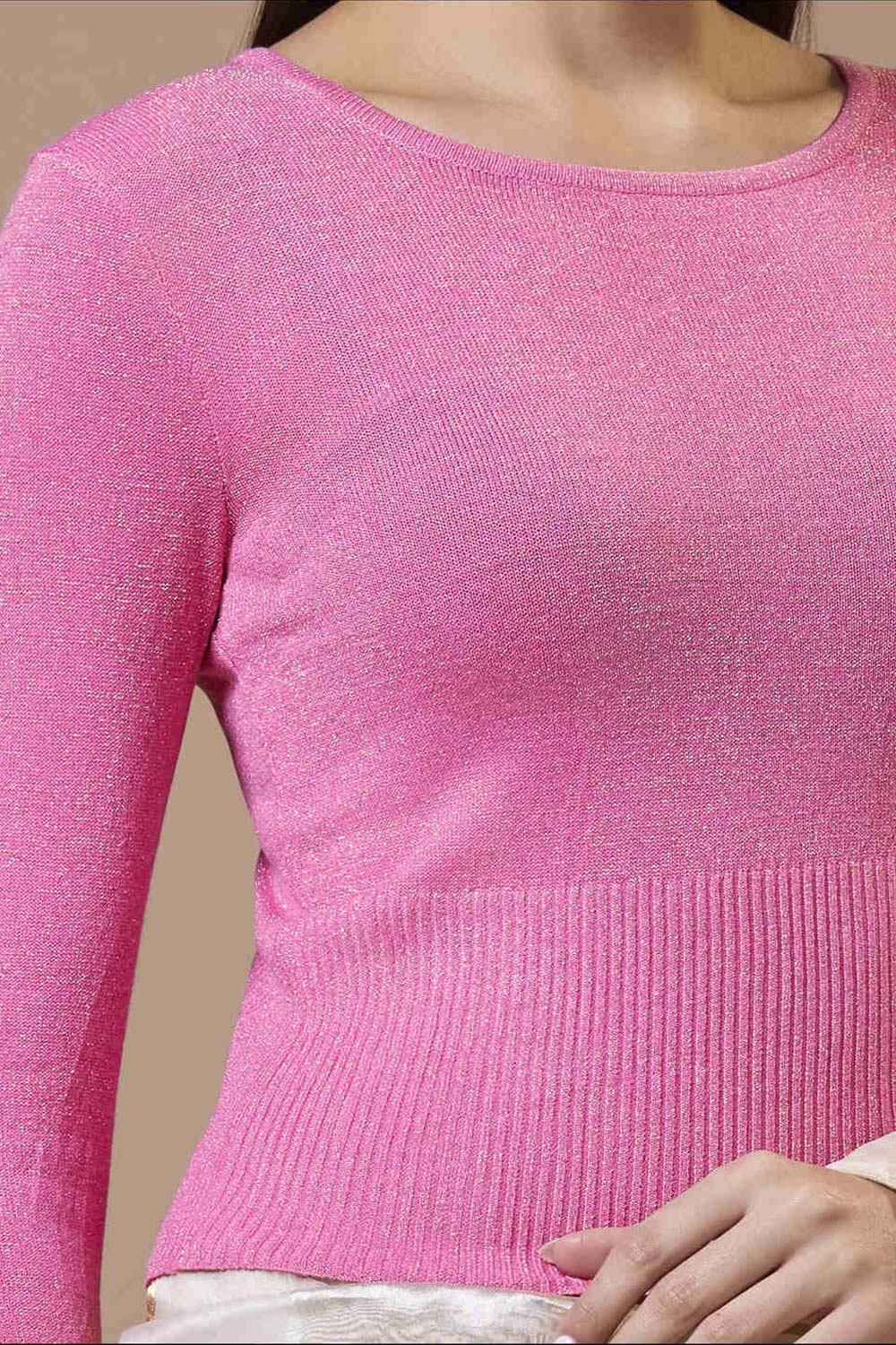 Pink Wool Solid Round Neck Full Sleeves Blouse