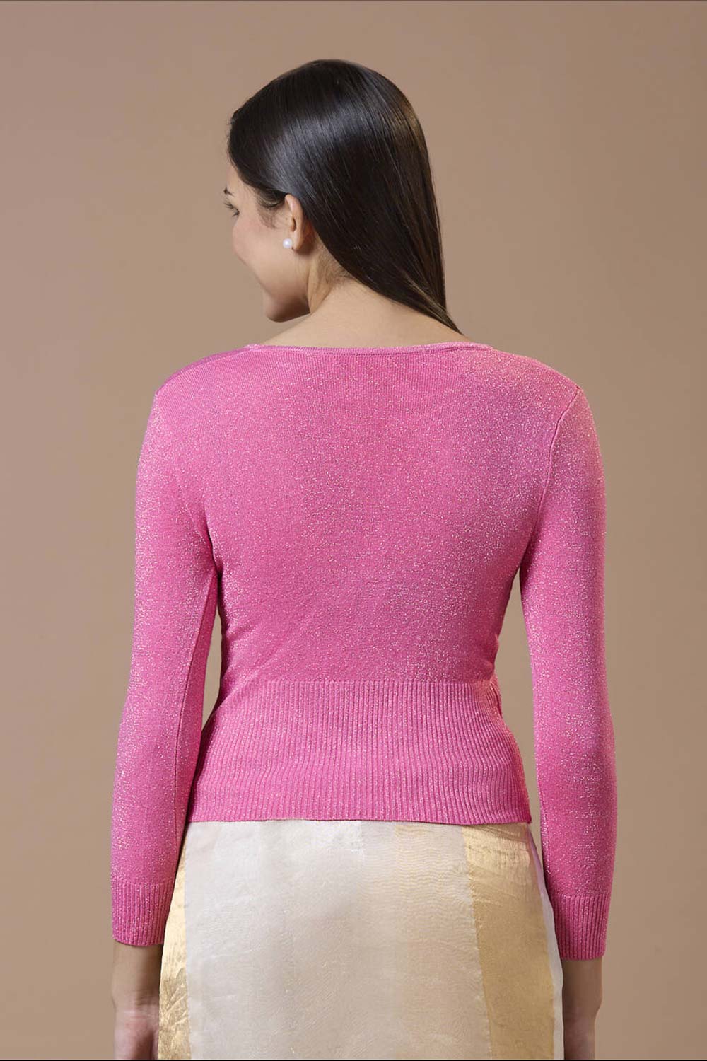 Pink Wool Solid Round Neck Full Sleeves Blouse