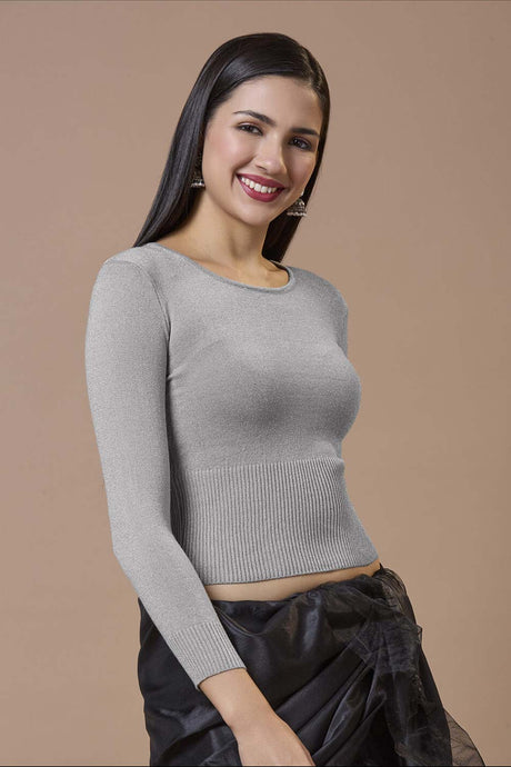 Grey Wool Solid Round Neck Full Sleeves Blouse