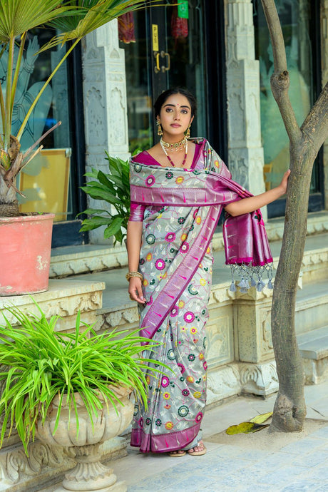Women's Grey Paithani Banarasi Silk Woven Saree