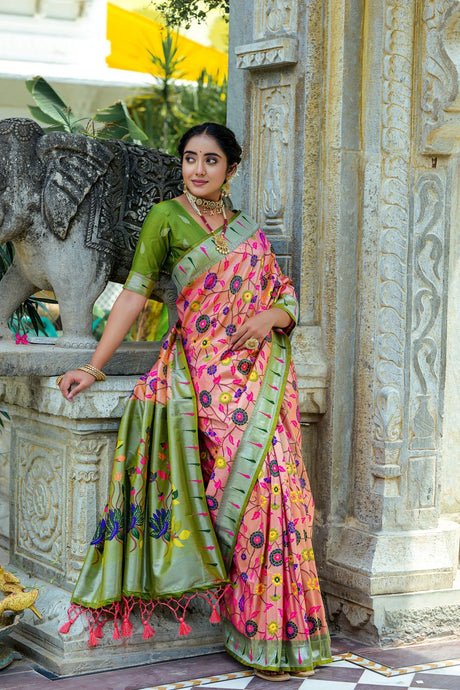 Women's Orange Paithani Banarasi Silk Woven Saree