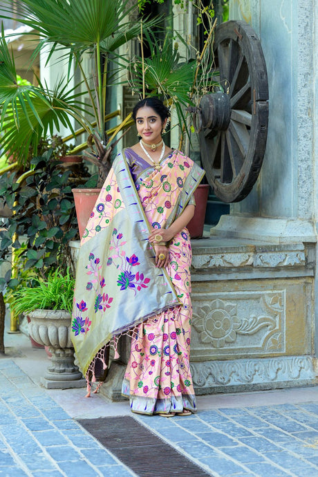 Women's Peach Paithani Banarasi Silk Woven Saree