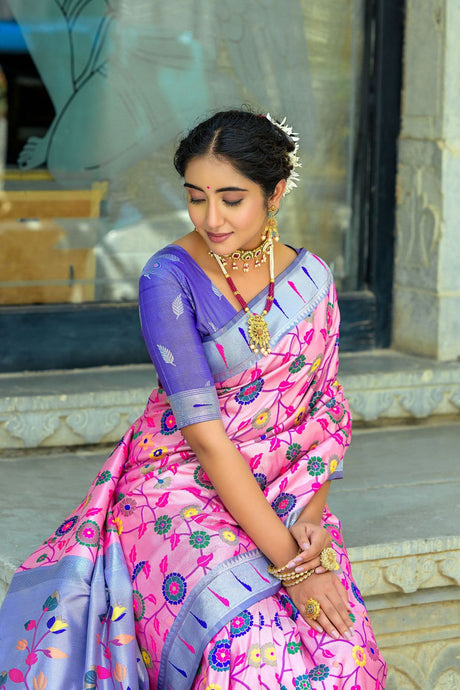 Women's Pink Paithani Banarasi Silk Woven Saree