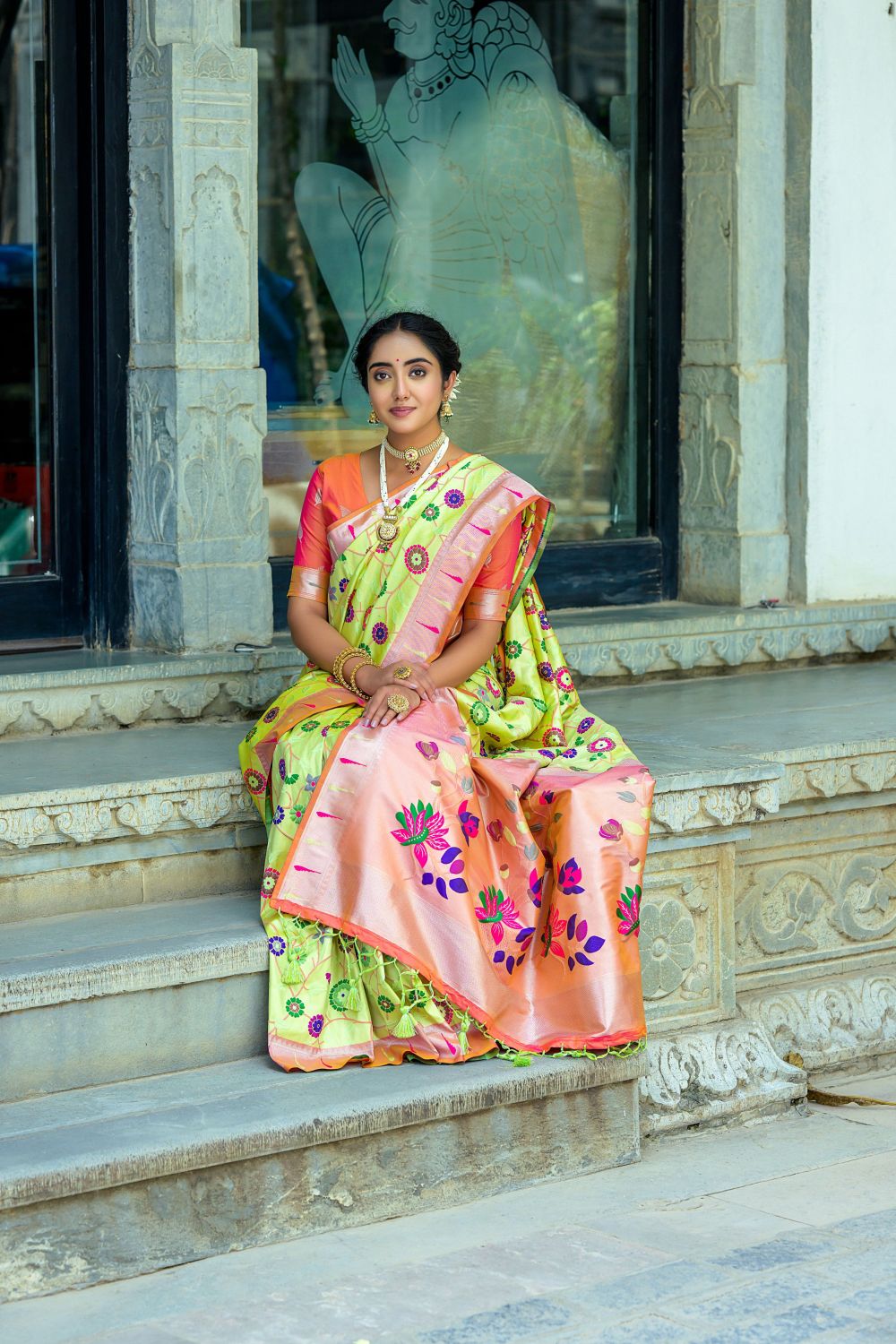 Women's Pista Paithani Banarasi Silk Woven Saree