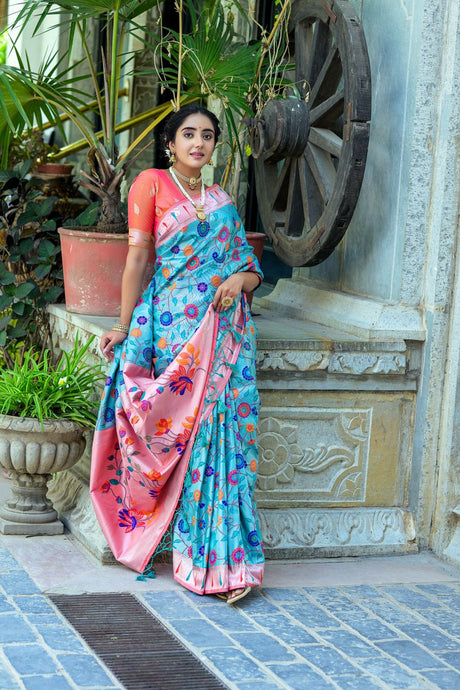 Women's Rama Paithani Banarasi Silk Woven Saree