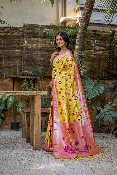 Women's Yellow Paithani Banarasi Silk Woven Saree