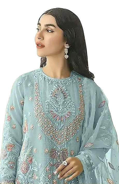 Women's Firozi Embroidered Georgette Pakistani Salwar Suit