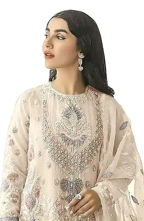 Women's Cream Embroidered Georgette Pakistani Salwar Suit