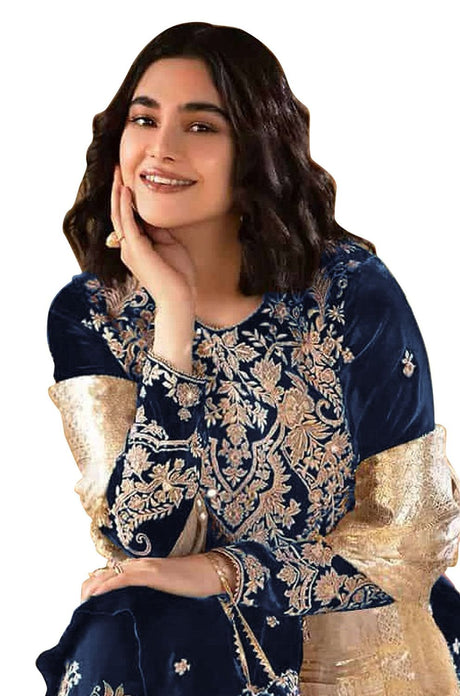 Women's Blue Embroidered Velvet Salwar Suit