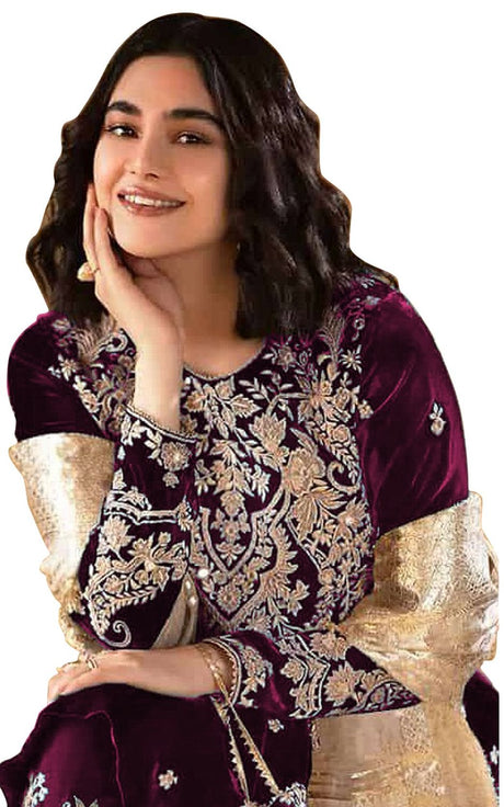 Women's Purple Embroidered Velvet Salwar Suit