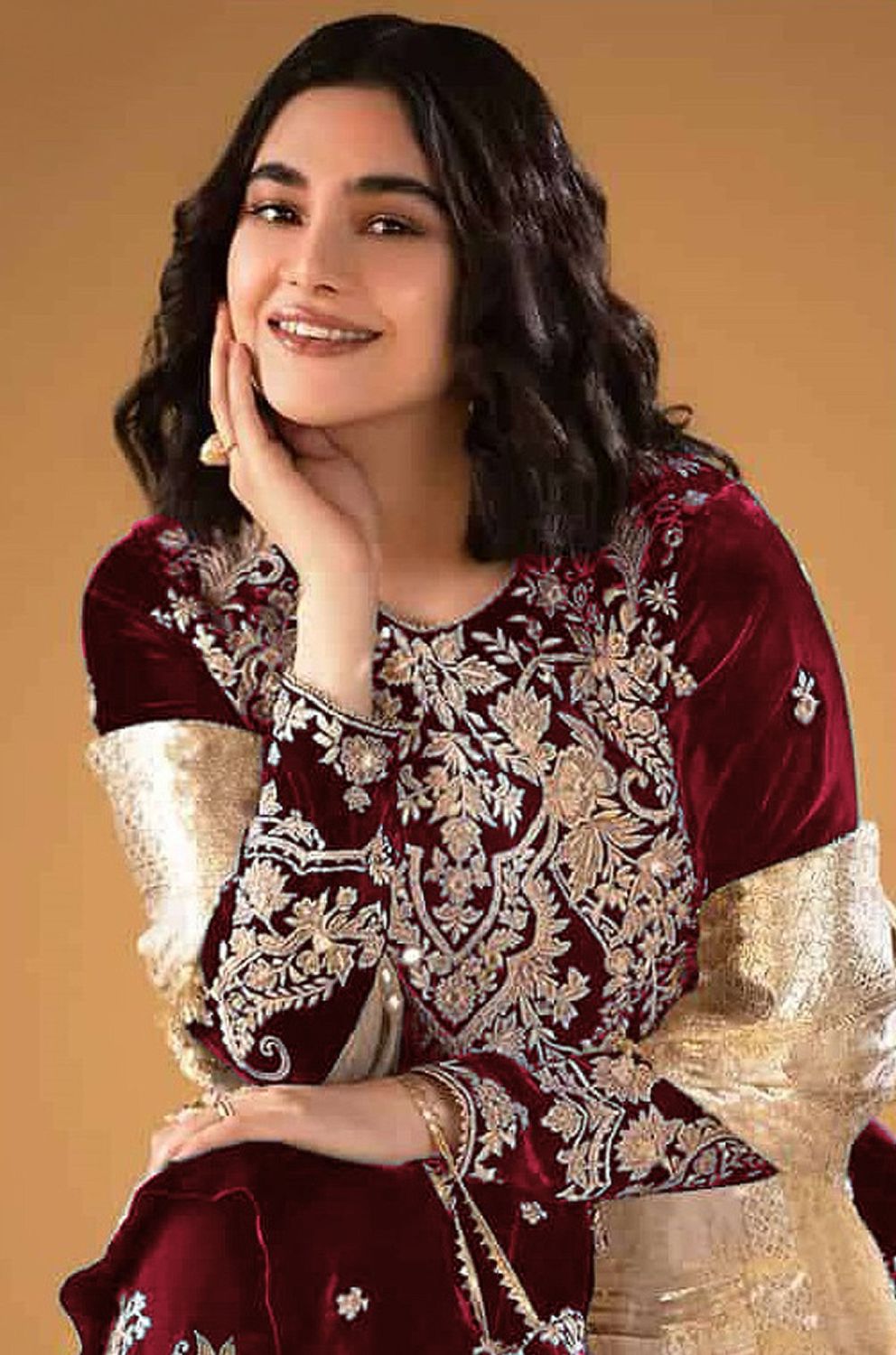 Women's Maroon Embroidered Velvet Salwar Suit