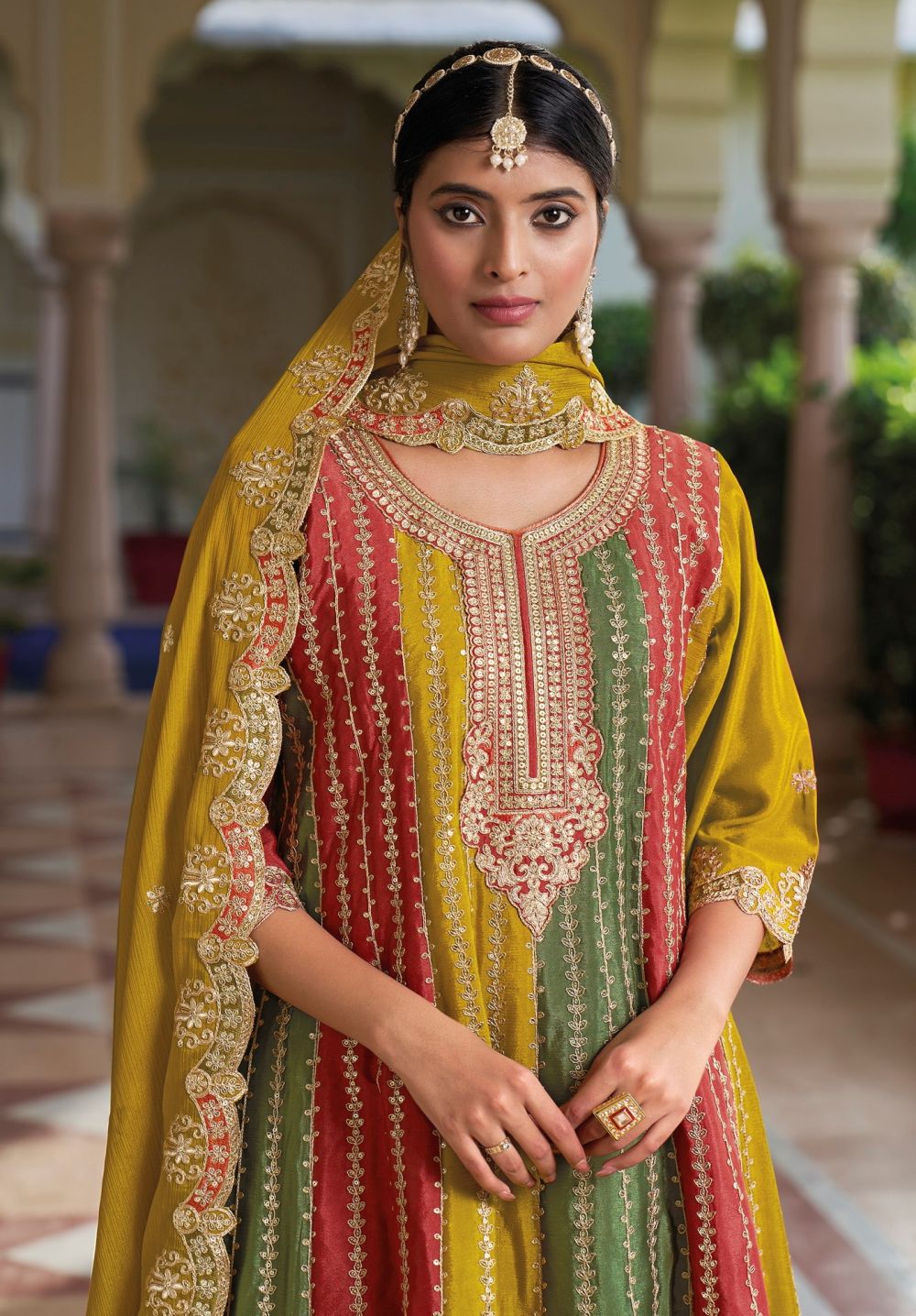 Women's Yellow Embroidered Chinon Sharara Salwar Suit