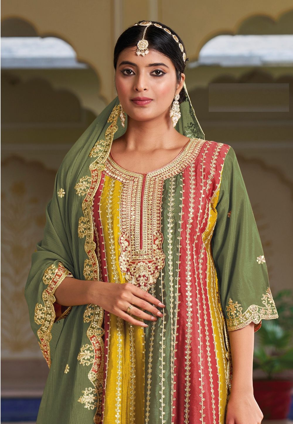 Women's Green Embroidered Chinon Sharara Salwar Suit