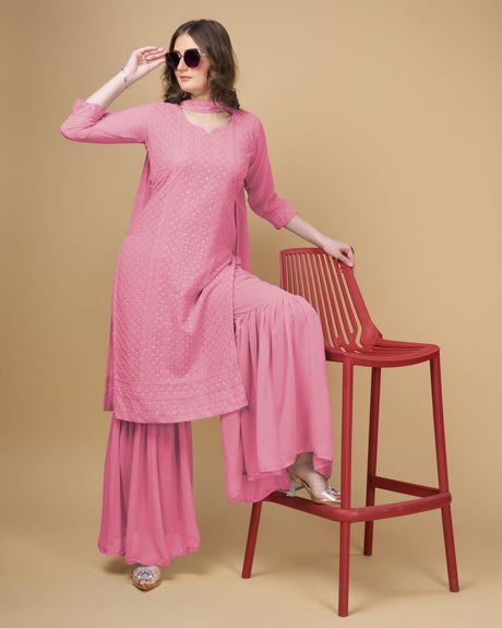 Women's Pink Embroidered Georgette 3-Pieces Kurti