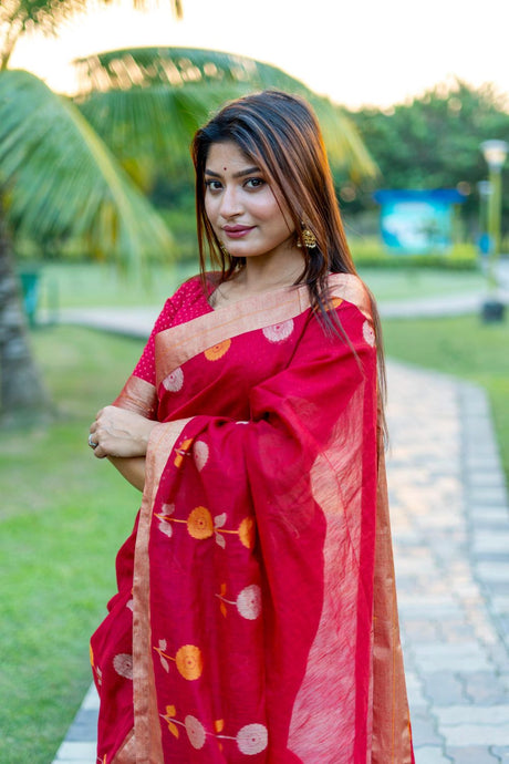 Women's Red Pure Linen Silk Jamdani Woven Saree