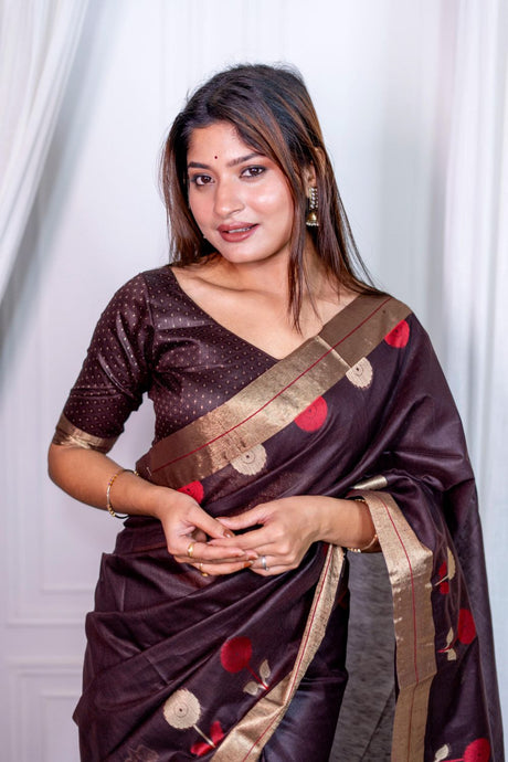 Women's Black Pure Linen Silk Jamdani Woven Saree
