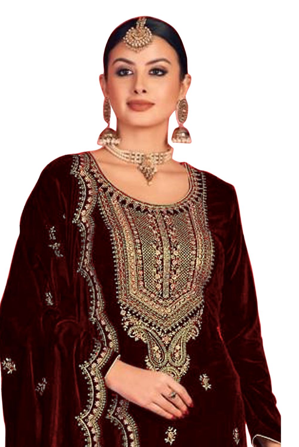 Women's Maroon Embroidered Velvet Salwar Suit