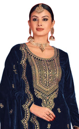 Women's Blue Embroidered Velvet Salwar Suit