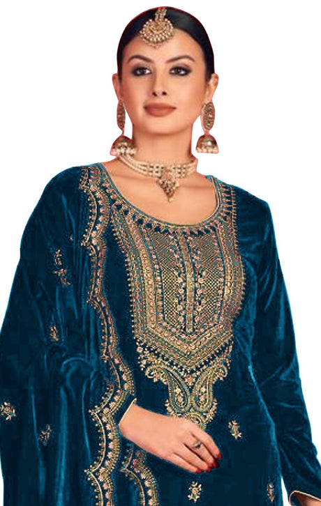 Women's Aqua Blue Embroidered Velvet Salwar Suit