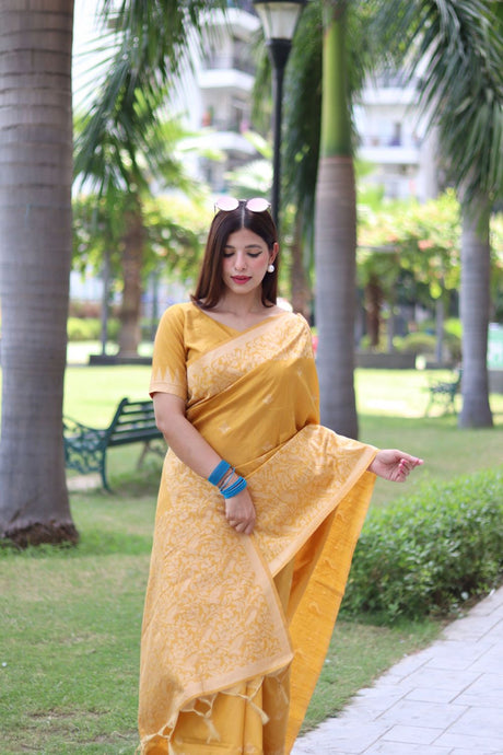 Women's Yellow Banglori Raw Silk Woven Saree