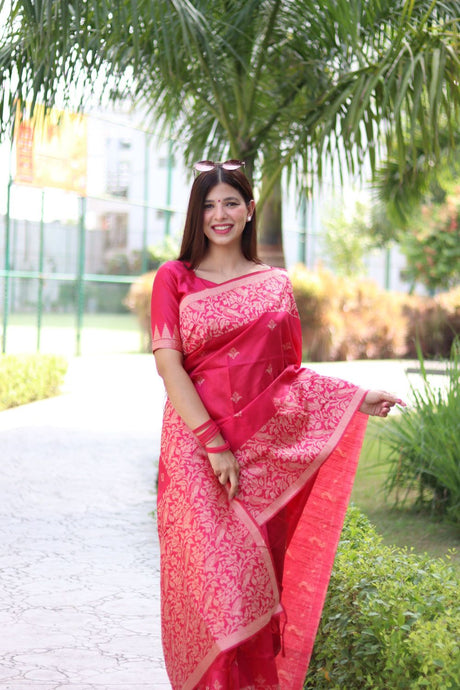 Women's Pink Banglori Raw Silk Woven Saree