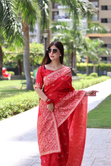 Women's Red Banglori Raw Silk Woven Saree
