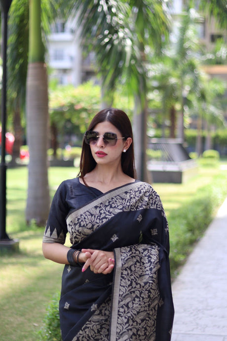Women's Black Banglori Raw Silk Woven Saree