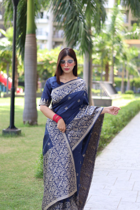 Women's Blue Banglori Raw Silk Woven Saree
