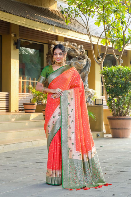 Women's Orange Banarsi Soft Silk Zari Woven Saree