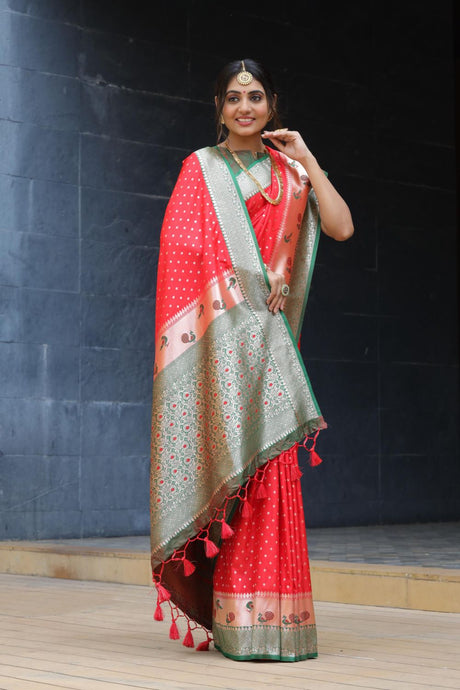 Women's Red Banarsi Soft Silk Zari Woven Saree