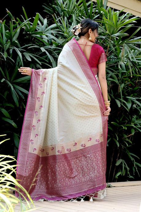 Women's White Banarsi Soft Silk Zari Woven Saree