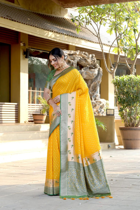 Women's Yellow Banarsi Soft Silk Zari Woven Saree