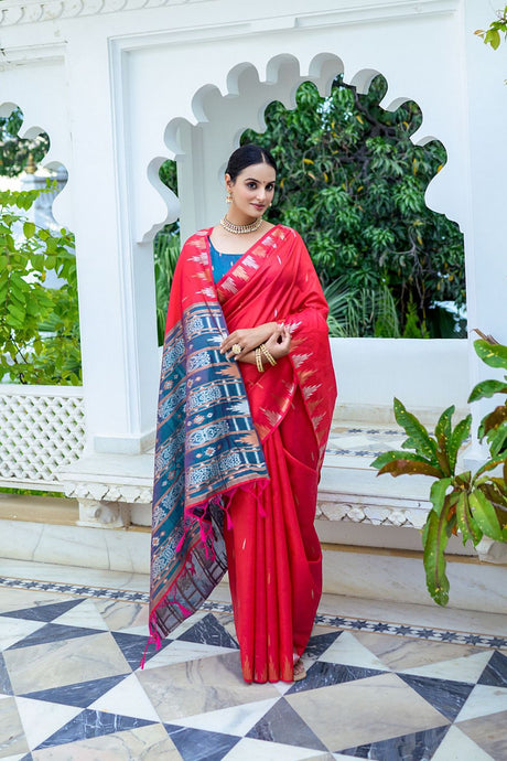 Women's Red Soft Tussar Silk Zari Woven Saree