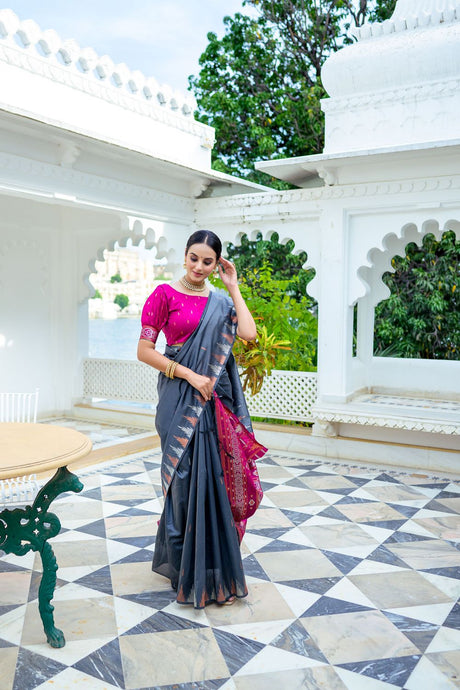 Women's Grey Soft Tussar Silk Zari Woven Saree