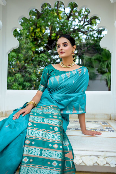 Women's Firozi Soft Tussar Silk Zari Woven Saree