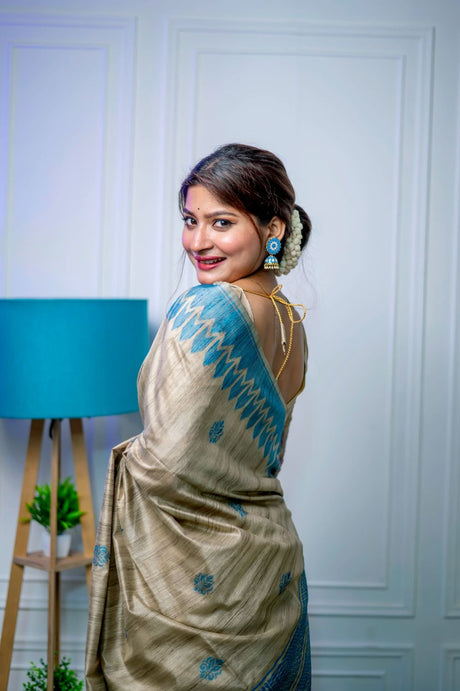 Women's Firozi Tussar Silk Woven Saree