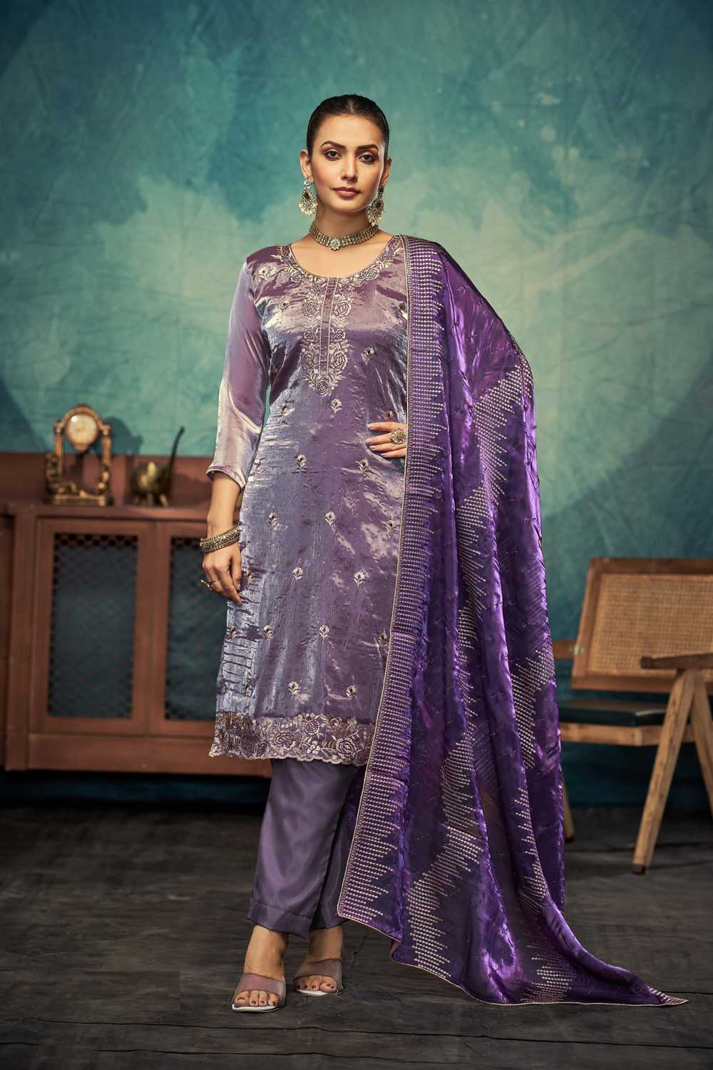 Violet Embroidered Silk Salwar Suit