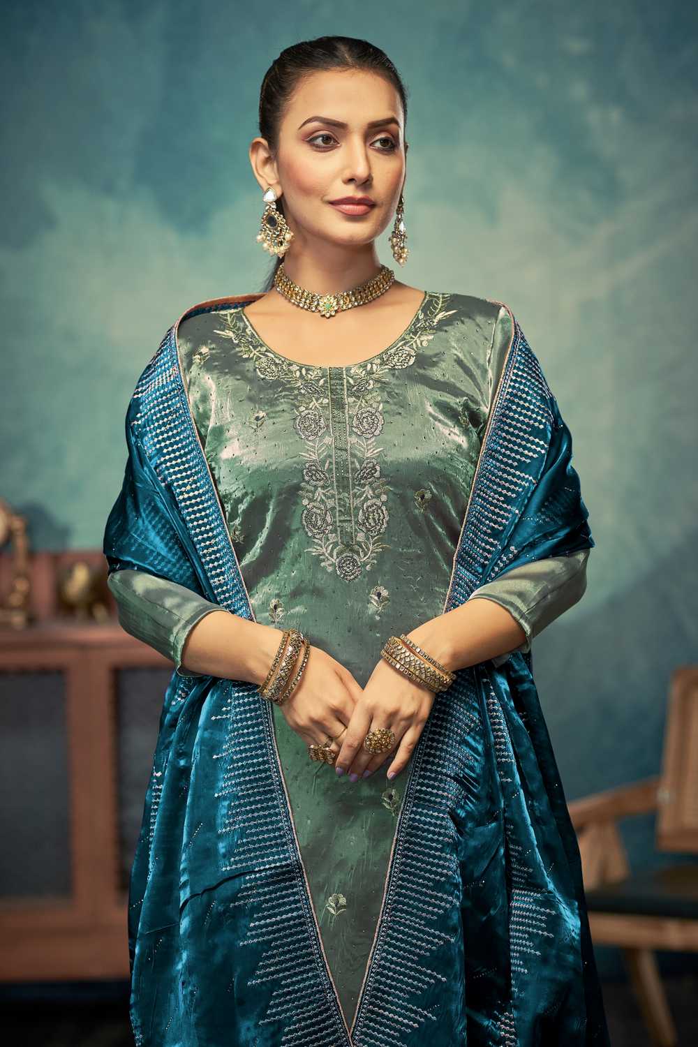 Blue Embroidered Silk Salwar Suit