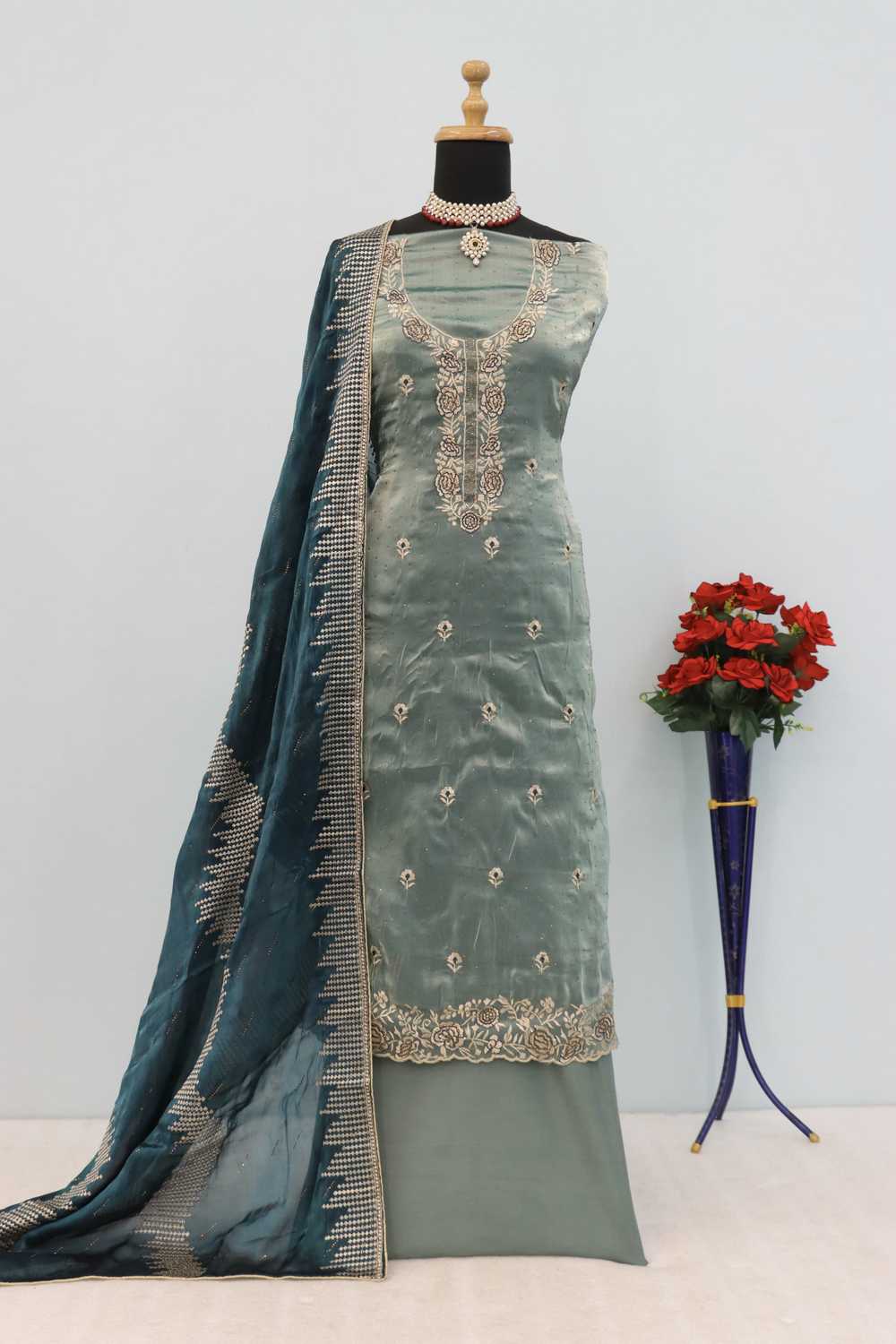 Blue Embroidered Silk Salwar Suit