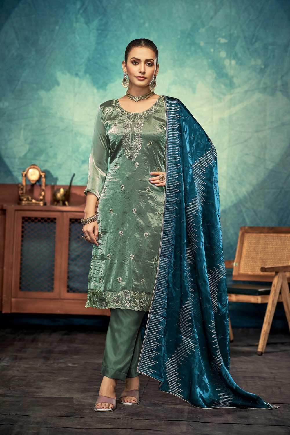 Blue Embroidered Silk Salwar Suit