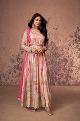 Orange Embroidered Georgette Anarkali Suit Set