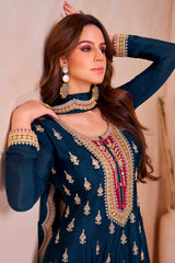 Blue Embroidered Chinon Palazzo Suit Set